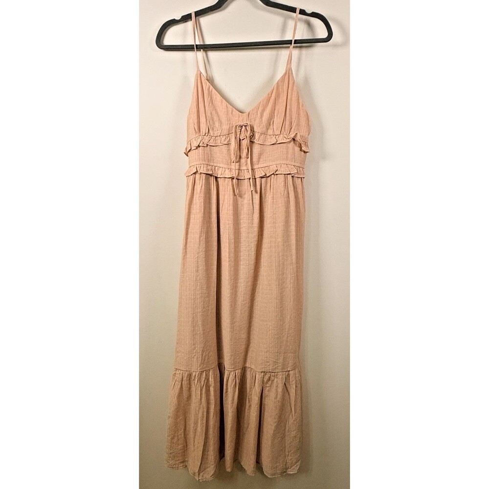 Yura Solid Pink V-Neck Spaghetti Strap Smocked Ruffle Midi Dress - M